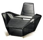 A reinterpretation of 1950s-style outdoor furniture, the Vari chair and foot stool from Henry Hall Designs are made of weather-resistant AISI 316 electropolished stainless steel, wrapped in black, white, red, blue, or green cord. The chair measures 46-1/2" wide by 35-1/2" deep by 28-3/4" tall and weighs 40 pounds. The stool is 46-1/2" wide ¨by 32-1/2" deep by 21-1/2" tall and weighs 26-1/2 pounds. The chair can be speced with a 1" knife-edge seat cushion only or with a 1" knife-edge seat and back cushion, and the stool can also be made with a cushion. The set was designed by Hector Esrawe. henryhalldesigns.com