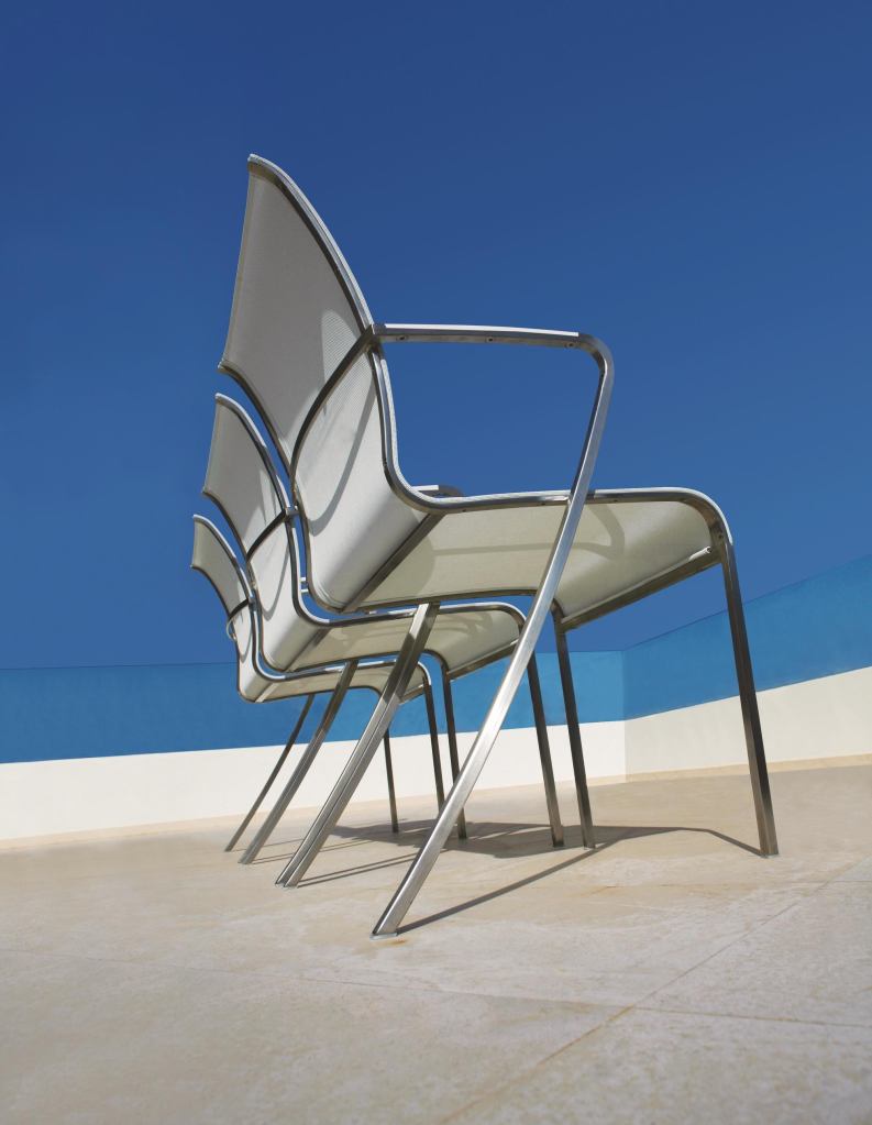 Royal Botanias Red Label family of outdoor furniture is made up of two lines of chairs (QT and Bokz) and a collection of tables (Sexion). QT stackable chairs and loungers feature slim, stainless steel profiles and can be paired with Sexion tables, which are available in stainless steel or high-pressure laminate. The tables measure 39" wide, 29" tall, and between 54" and 108" long. Bokz chairs have box-like folded seats suspended in a tubular aluminum space-frame. Matching cushions come in a wide variety of upholstery colors. royalbotania.com