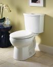 H2Option from American Standard is a dual-flush toilet with jetted bowl cleaning. The siphonic toilet uses 1 gallon of water on the low setting. When the user flushes H2Option, some of the water is instantly diverted to the rim, where there are a series of chambers. The air in the chambers pushes the water forcefully out into the bowl. Combined with the force of the rest of the water entering the bowl, a strong siphon is created, removing all waste and paper. The bowl has a normal slope with a generous water spot. The H2Option two-piece dual flush toilet is available in a variety of styles that include Right Height Elongated, Elongated, and Round Front, in white, bone, and linen. americanstandard.com