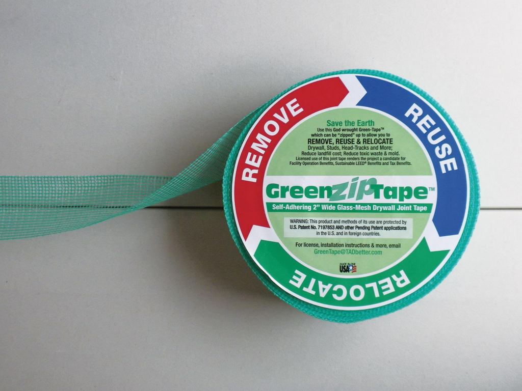 Green-Zips drywall joint Tape Partition allows for quick reconfiguration based on a building occupants needs, allowing drywall to be disassembled and reused quickly and quietly. The tape is installed over a drywall joint and has a 3" pull-tail that can be covered by carpet or base trim. When it comes time to move the drywall, the tape can be removed to expose the screws. According to Green-Zip, the process allows for seamless drywall that is demountable and more affordable than pre-manufactured movable walls. It also facilitates opening walls to make repairs, run new data cables, or dry the inside in order to combat such problems as air conditioning condensation. green-zip.com