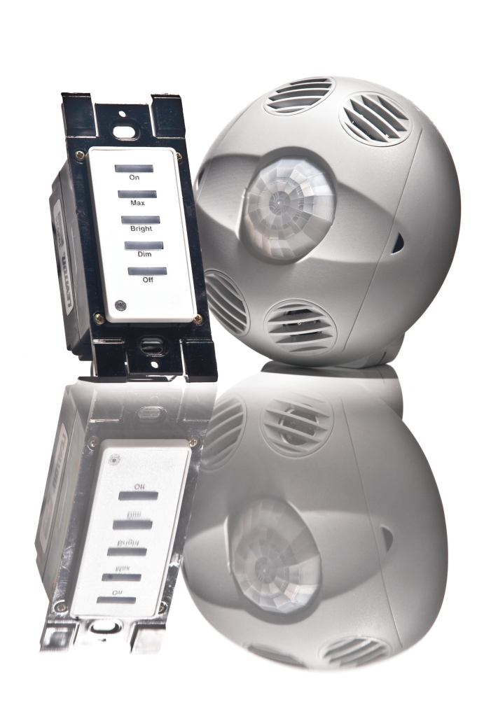 The Leviton Sector intelligent ballast and lighting control is a three-in-one integrated system that combines occupancy sensing, daylight harvesting, and dimming control, helping installers to save wiring time and end users to save energy. Sector uses the same wiring type for all components and accessories in the suite, and all components are on a single bus with accessories connected to the network rather than to the ballast. Using infrared and ultrasonic technologies, the ceiling-mounted Multi-Technology Occupancy Sensor (right) reduces energy costs 34% to 60% by employing self-adjusting, smart, or customized settings to extinguish lights when a room is not in use. The Sector Network Photocell measures ambient light levels to reduce unnecessary artificial lighting, and the Sector 5-Button Digital Switch (left) manually controls dimmable and nondimmable lighting. leviton.com