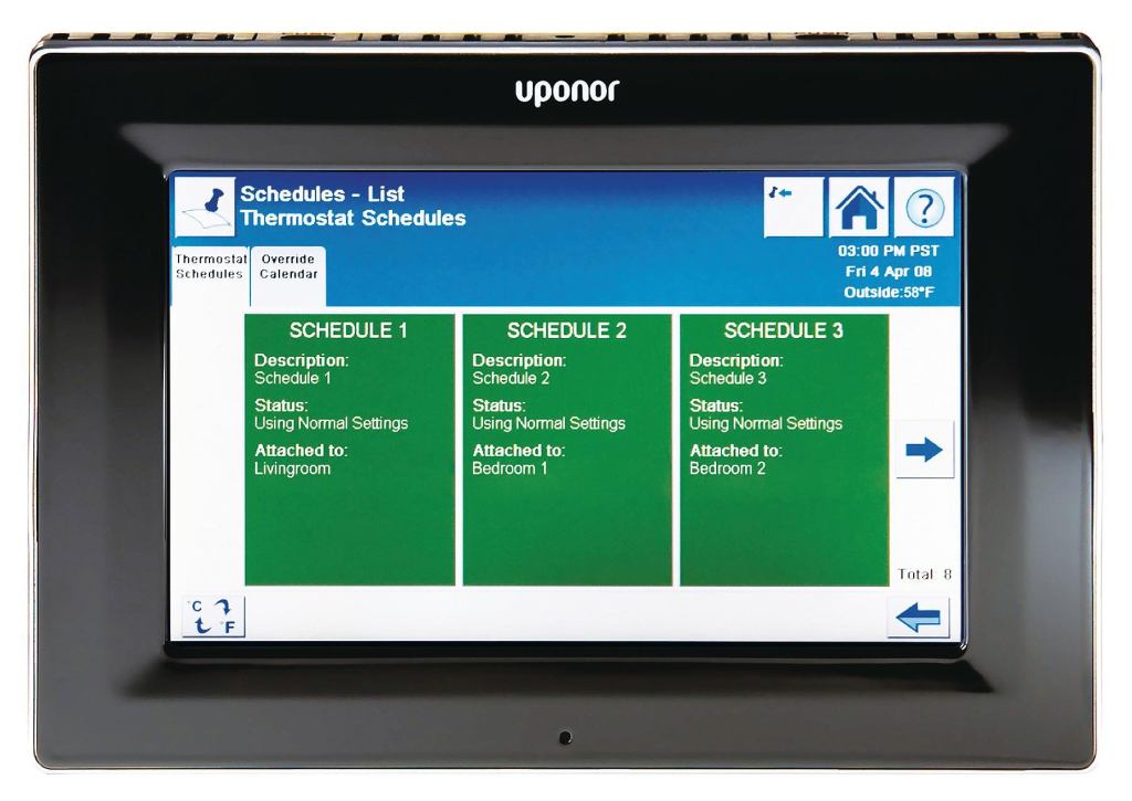 Uponors Climate Control Network System is a modular, integrated hardware and software package that connects a buildings heating, ventilation, and air-conditioning components to a single system, offering energy efficiency, control, and monitoring. The system allows users to control climate settings via wall thermostats or access the entire system via an optional touchpanel interface, an on-site computer, or remotely from the Internet. The wall sensor is a white, flat, circular piece that fits into a 1-3/4" hole, and the systems slim flush-mount thermostats come in two models: horizontal and vertical. Optional features include the ability to transfer control to any thermostat in a group. uponor-usa.com