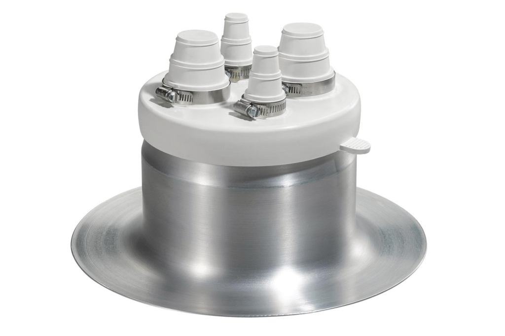 Each QuadFlash boot from OMG Roofing Products accommodates up to four rooftop pipe penetrations ranging from 3/8" to 2" in diameter. The QuadFlash uses flexible EPDM rubber caps that move with building vibrations or shifting pipes, as opposed to rigid pitch pockets that can crack under similar strain. The spun aluminum base features dual Lok and Grip beads around the collar for a secure hold on the cap. • olyfast.com