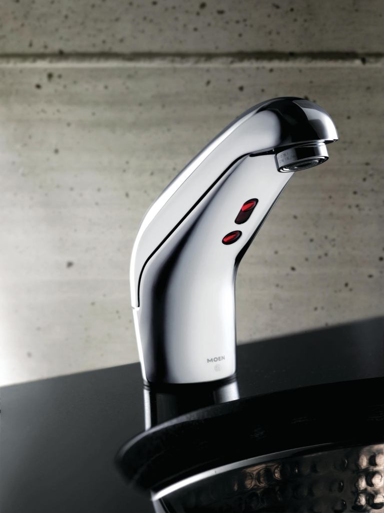 M¢Power sensor-operated faucets from Moen feature a motion sensor that starts and stops the flow of water to reduce daily water usage and limit hot-water consumption. Additional features include a 30-second auto-off feature to prevent possible overflow in the event the sensor eye is obstructed, 1/2-gallon-per-minute low-flow aerators, a high-arc gooseneck deck mount, and all-metal chrome-plated construction. ¢ moencommercial.com