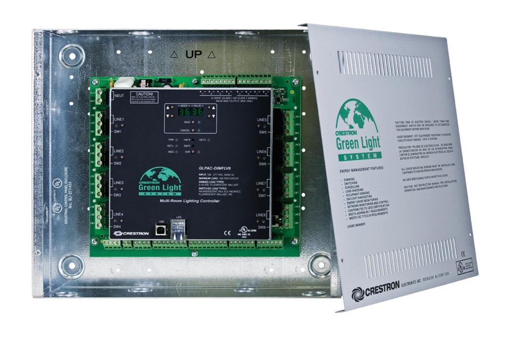 Crestron Electronics GLPAC-DIMFLV Integrated Lighting System is a stand-alone lighting controller suited for classrooms, conference rooms, and offices. It can also be tied into a centralized Crestron system for facilitywide control and monitoring. GLPAC controls four to eight channels of dimmable or switched fluorescent loads, and each unit can control a single room or up to four independent rooms with optional real-time power consumption. The system features built-in support for occupancy sensors, photocells, and shade control, and can automatically shut off lights and HVAC in unoccupied areas. crestron.com