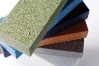 Micro from Meld USA is a cement-based surfacing material made of up to 74% recycled particles. Available in two forms (slabs and tailor-made), Micro is ready to install. In slab form, it is available in a standard size of 30" by 96" by 1-1/2". In its tailor-made form, Micro can accommodate almost any design request (from countertops to tabletops to tiles to 3D objects, such as sinks and furniture) through Melds in-house custom works capabilities. Six colors are standard, with custom finishes available. meldusa.com