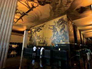 One of Abe Feder's most significant projects was the lighting of the lobby murals at Rockefeller Center in New York. Fixtures were painted to blend into the walls and to illuminate the 1930s artwork, “New Frontiers,” by José María Sert and Frank Brangwyn.