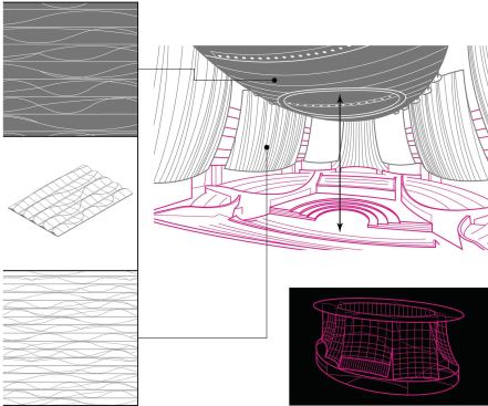 Illustrations of Stanford Universitys Bing Concert Hall, an 844-seat music venue planned for summer 2012 and designed by Ennead Architects with Nagata Acousticss Yasuhisa Toyota, theater consultant Fisher Dachs Associates, and landscape architect Cheryl Barton. Fiber-reinforced concrete sails disperse sound, whereas random ridges on these and other surfaces prevent echoes.