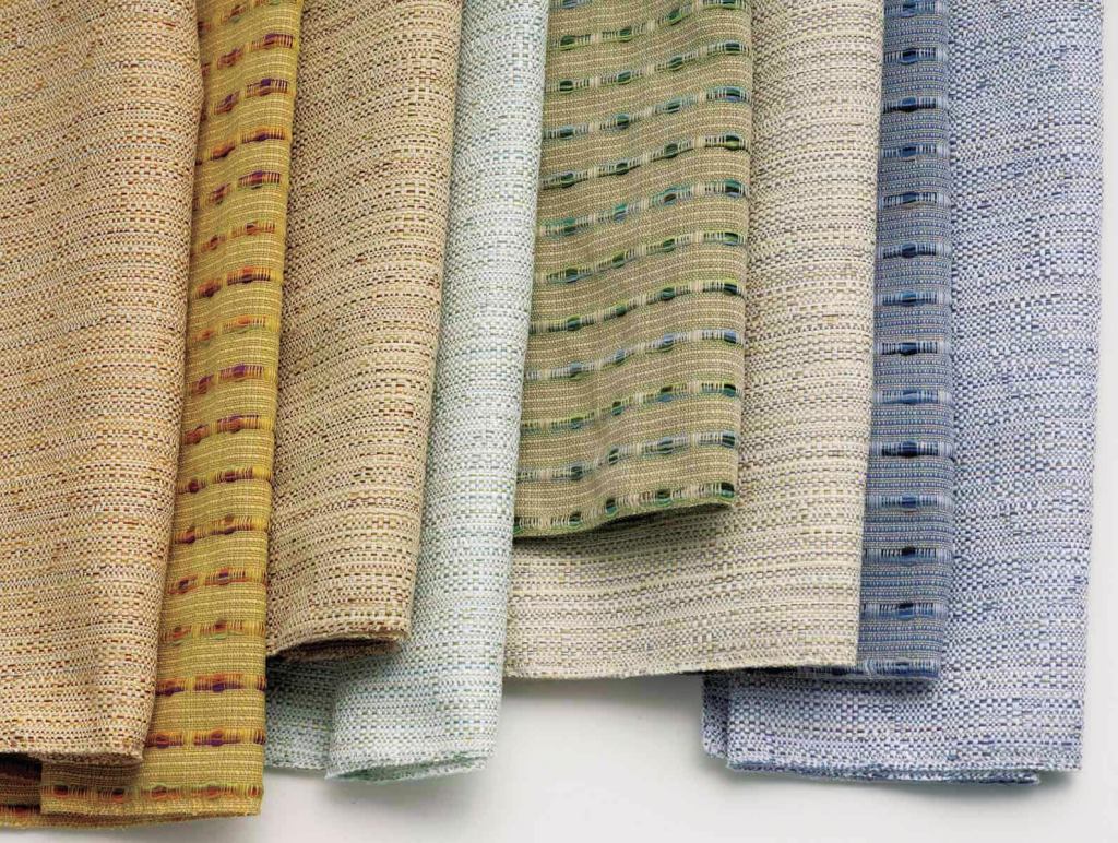 Trace and Courtship are reversible fabrics from Knoll Textiles that can be used as privacy curtains, drapes, or bedcovers. Courtship, a woven midweight drapery, features a raised vertical stripe created by a chenille Trevira yarn that adds multicolored texture. Six colors are available. Trace, available in seven colors, has an all-over small-scale weave with seven different colored yarns in the weft. ¢ www.knolltextiles.com