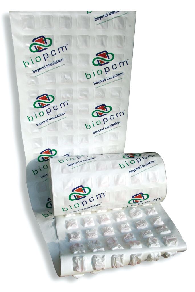 BioPCM by Phase Change Energy Solutions is insulation with pockets of phase-changing material (soy-based chemicals that change from liquid to solid and back again at different temperatures, allowing the material to absorb and release heat). Its performance is comparable to that of the thermal mass of 12"-thick concrete. The product increases the time it takes for a building to warm up or cool down. ¢ phasechangeenergy.com