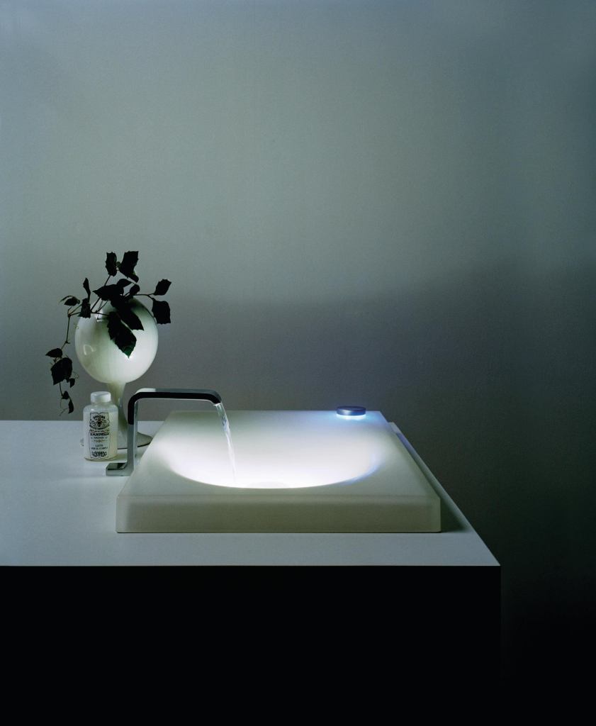 Toto USA has introduced the Neorest II High-Efficiency Faucet. The contoured, jointless design includes an embedded LED fixture, the color of which ranges from red when the water is at its hottest to blue when at its coolest. Water temperature is controlled by Toto's SMA Thermoplastic Mixing Valve to prevent sudden changes. The faucet can be used with the Neorest II Vessel Sink (pictured). ¥ totousa.com