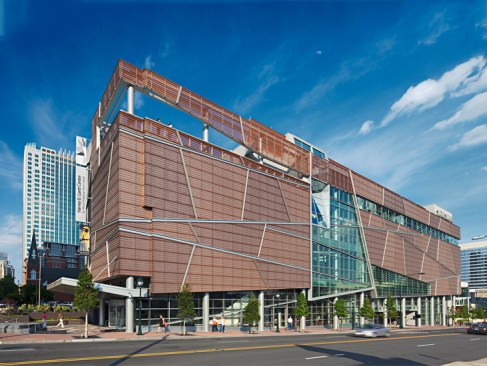 The facade design is inspired by African textile designs and African American quilting patterns