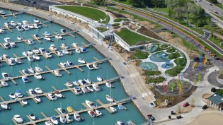 Aerial view of marina and adjacent public park.