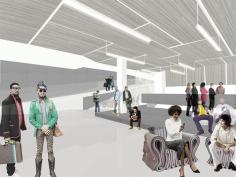 The ground floor entry space has a bar and lounge seating; it is from this point that the ramps begin to lead up to the venue floors above. In an effort to maximize durability and sound abatement while still maintaining the grungy rock-and-roll aesthetic, the architects decided to clad the ceiling in felt panels and the bar in neoprene.