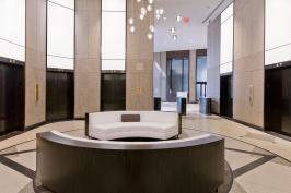 LightPlane Panels in ViviChrome Chromis glass with White interlayer and Opalex finish shown illuminated at the Brandywine Building, Wilmington, Delaware
