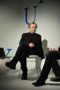 Vito Acconci speaking at a Design Pioneer Talk at Design Miami, where he was named designer of the year.