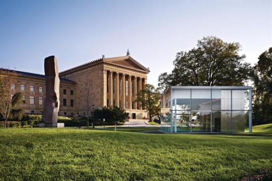 Parking entrance pavilion with museum beyond