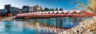 The Peace Bridge was named in commemoration of local residents in the military and other peacekeeping activities. The helical bridge spans 126 meters (413 feet) without any intermediate supports.