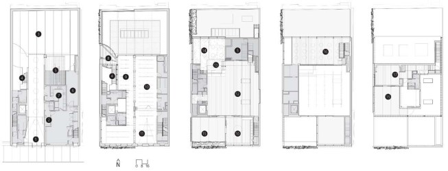 Floors 1 - 5 1. entry 2. reception 3. gallery 4. glass stair 5. art storage 6. art receiving 7. catering kitchen 8. glass landing 9. library 10. office 11. conference room 12. main studio 13. glass studio 14. craft studio 15. terrace 16. mezzanine studio 17. artist-in-residence apartment