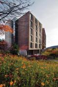 Located in the Berkshires, the new dormitory building at the Kripalu Center for Yoga & Health is a study in wood, glass, and concrete. Cypress cladding runs the length of the fa?ade, and matching strips are worked into manually operated window shades for each guest room.