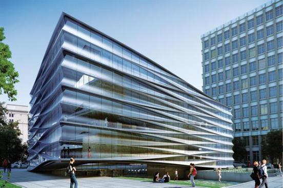 The fa?ade of the River Center Library is formed from a framework of crisscrossing steel that is infilled with concave glass panels, which give the building an accordion-like appearance. The perimeter glazing allows maximum daylight into the interior while maintaining a transparency that allows passersby to see the people and books within.