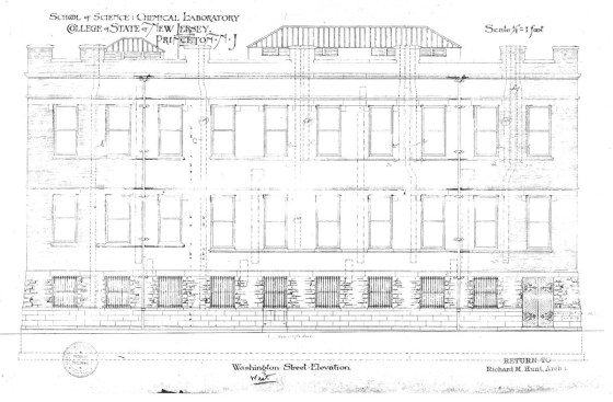 Richard Morris Hunt's original design for Princeton University's Chemical Laboratory, now known as Aaron Burr Hall, was a palazzo-style building, shaped like an L.