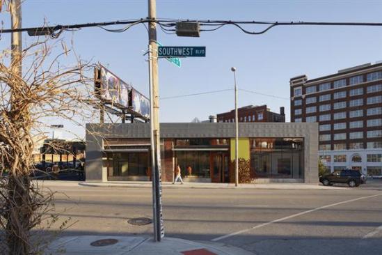 Sited in Kansas City?s burgeoning arts district, the Crossroads branch of Missouri Bank is located in a former auto-repair shop that dates back to the 1920s. Instead of tearing it down, the team from Helix turned it into a sleek new bank branch that caters to many of the artists and gallery owners that comprise the bank?s client base. Integrating art into these projects is a priority for Missouri Bank; bank CEO Grant Burcham purchased a pair of back-to-back billboards?that have towered over the building for many years?and has changed them into art-boards. Working with local group the Charlotte Street Foundation, Burcham and a team of employees choose from submissions by local artists. Winners are displayed on the art-boards and changed every three months.