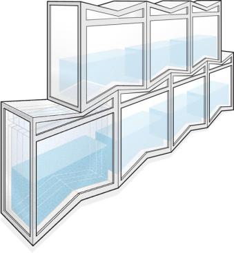 The wax-based phase change materials (PCM) inside the glass blocks provide thermal storage capacity and can provide different levels of visibility depending on the PCM state.