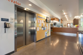 Stainless Steel Elevator Doors in Satin finish with custom Eco-Etch pattern at Clackamas Community College - Harmony Campus, Milwaukie, Oregon