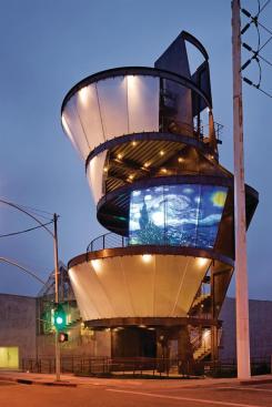 The programming for the Samitaur Tower's five screens is still under consideration, but whether it's Van Gogh's Starry Night or a classic film on display, everyone will have something to watch. The different screens were engineered and oriented to cater to different audiences: one to drivers, one to pedestrians, another to passengers of the light rail, and still another to people sitting on concrete bleachers in a below-grade amphitheater.