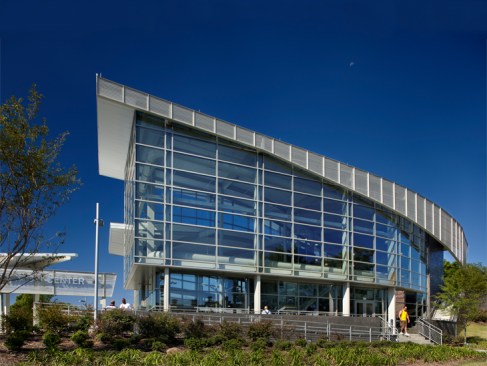 Glass walls highlight the activity within the center