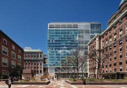The east fa?ade of the new Northwest Corner Building faces Columbia's original Morningside Heights campus; largely glazed, the elevation clearly showcases the building's diagonally braced structure.