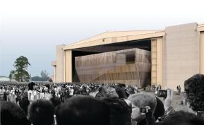 The Taichung InfoBox is an information center for the larger Taichung Gateway planned development. The steel-frame, bamboo-clad box sits within a hangar on a former airport site and turns the construction of an urban-scale project into a form of public entertainment.