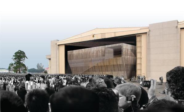 The Taichung InfoBox is an information center for the larger Taichung Gateway planned development. The steel-frame, bamboo-clad box sits within a hangar on a former airport site and turns the construction of an urban-scale project into a form of public entertainment.