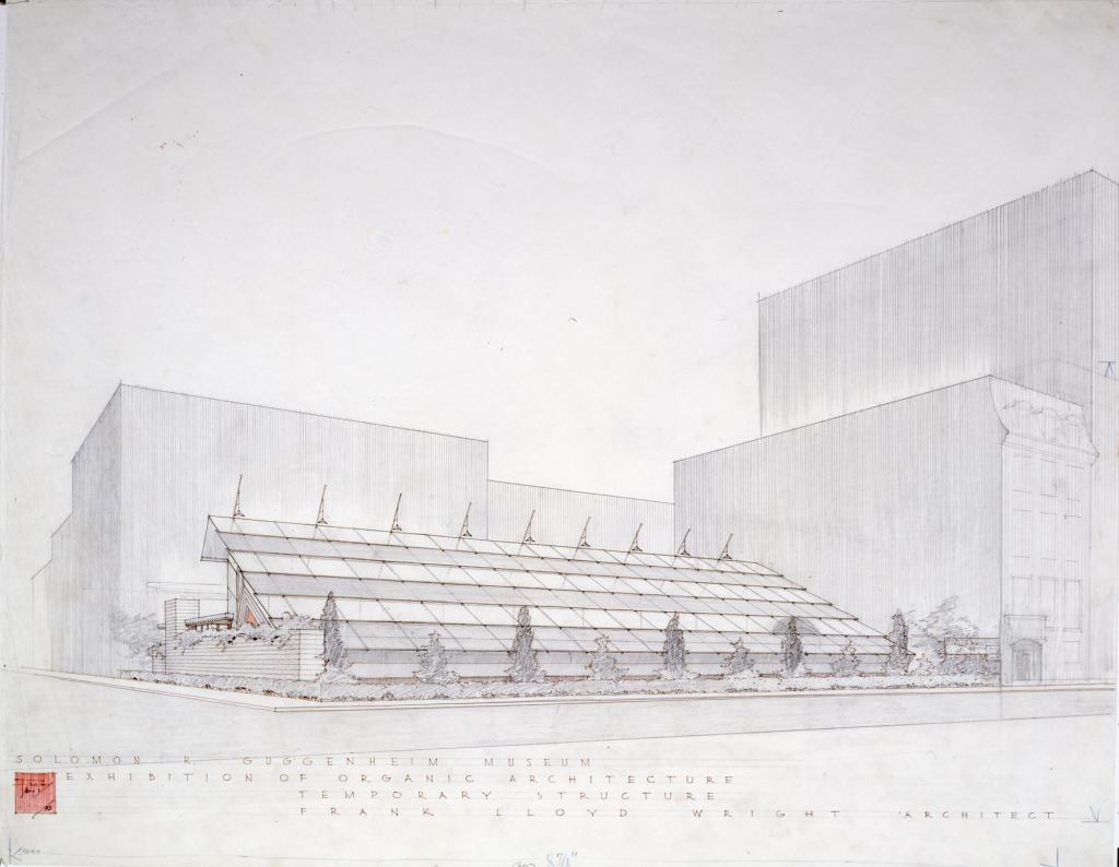 Frank Lloyd Wright, 'Sixty Years of Living Architecture' exhibition building (demolished), New York perspective (presentation drawing), 1953, Graphite and ink on tracing paper.