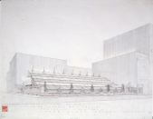 Frank Lloyd Wright, 'Sixty Years of Living Architecture' exhibition building (demolished), New York perspective (presentation drawing), 1953, Graphite and ink on tracing paper.