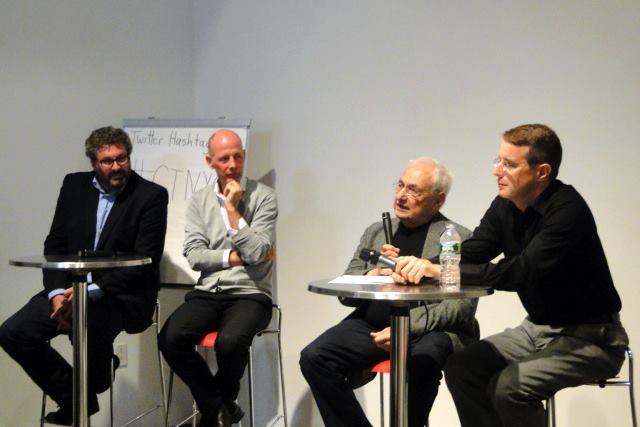 Presenters at the Oct. 16 press conference (l to r): Greg Lynn, founder, Greg Lynn FORM;Ben van Berkel, co-founder, UNStudio; Frank Gehry, FAIA, founder, Gehry Partners; Dennis Sheldon, AIA, CTO, Gehry Technologies