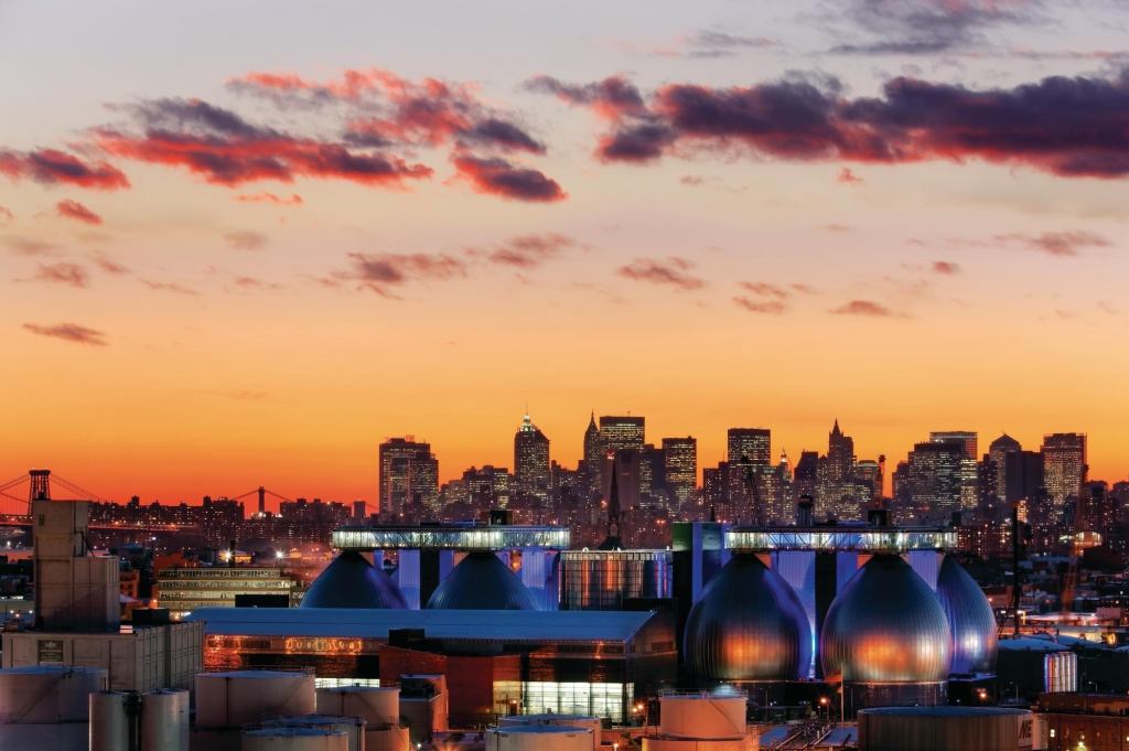 Newton Creek Wastewater Treatment PlantBrooklyn, N.Y.



Ennead Architects

The plant’s eight stainless steel–clad, egg-shaped digesters process some 1.5 million gallons of sludge each day, converting the waste into water, carbon dioxide, methane gas, and fertilizer.
