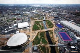 Aerial view of the Olympic Park looking south towards Canary Wharf. Picture taken on 16 April 2012.