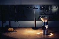 The CSYS Task and the Motorlight Floor luminaires on display in the Jake Dyson workshop.