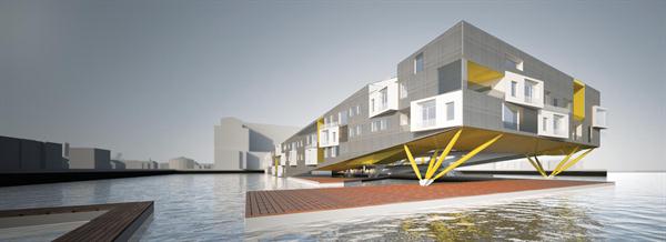 Floatyard comprises 86,542 square feet of multifamily housing and public amenities supported by floating foundations.