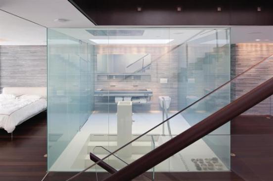 Located beneath a large skylight, this glass-box master bath serves as a natural lighting fixture.