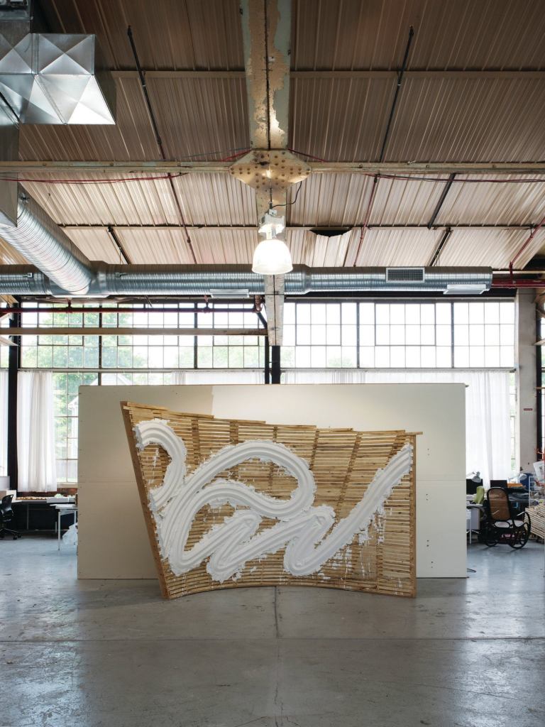 For its Morphfaux project, Archolab tested its robot's plastering capabilities on a full-scale, prototypical lath construct. This section of the lath is what remains of the original curved, horizontal and vertical construct.