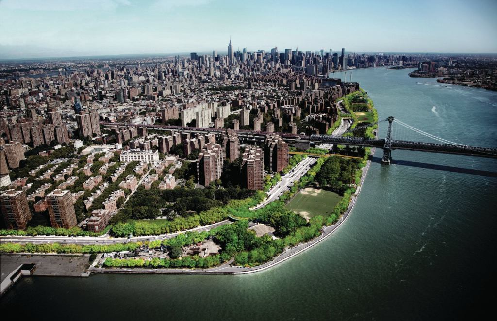 Aerial view showing added greenspace along the East River.
