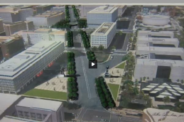 A screenshot of Arthur Cotton Moore's own design for the Dwight D. Eisenhower Memorial, which he presented during his testimony before the House&nbsp;Subcommittee on Public Lands and Environmental Regulation. The rendering shows heroic statues of President Eisenhower and Supreme Allied Commander Eisenhower flanking Maryland Ave. SW.