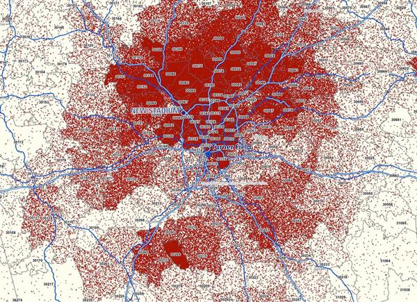 The red dots on the map indicate game tickets sold in 2012.