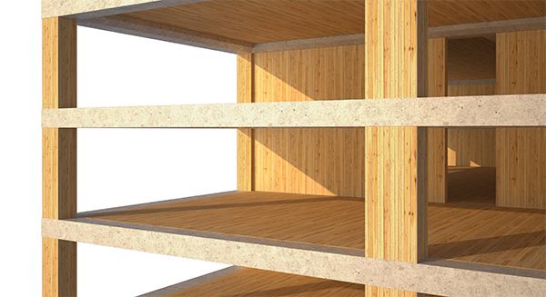 For its prototypical tower, SOM proposes a concrete jointed timber frame structural system. Solid, 8-inch-thick mass timber floor panels span between the timber shear walls at the building core and the perimeter columns. The wood primary structural members are connected with steel reinforcing through the concrete joints, such as the spandrel beams.