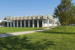 View of the southern end of the new  Renzo Piano Building Workshop-designed pavilion at the Kimbell Art Museum in Fort Worth, Texas, and of the east facade looking north. Photographed September 2013.