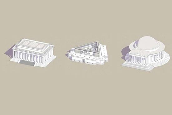 Two truths and a design: The Henry Bacon–designed Lincoln Memorial (left); the Andrés Duany–designed Eisenhower Memorial (center); the John Russell Pope–designed Jefferson Memorial.