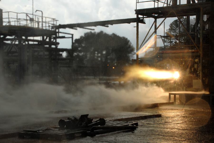 A 3D-printed rocket part blazes to life during a hot-fire test.